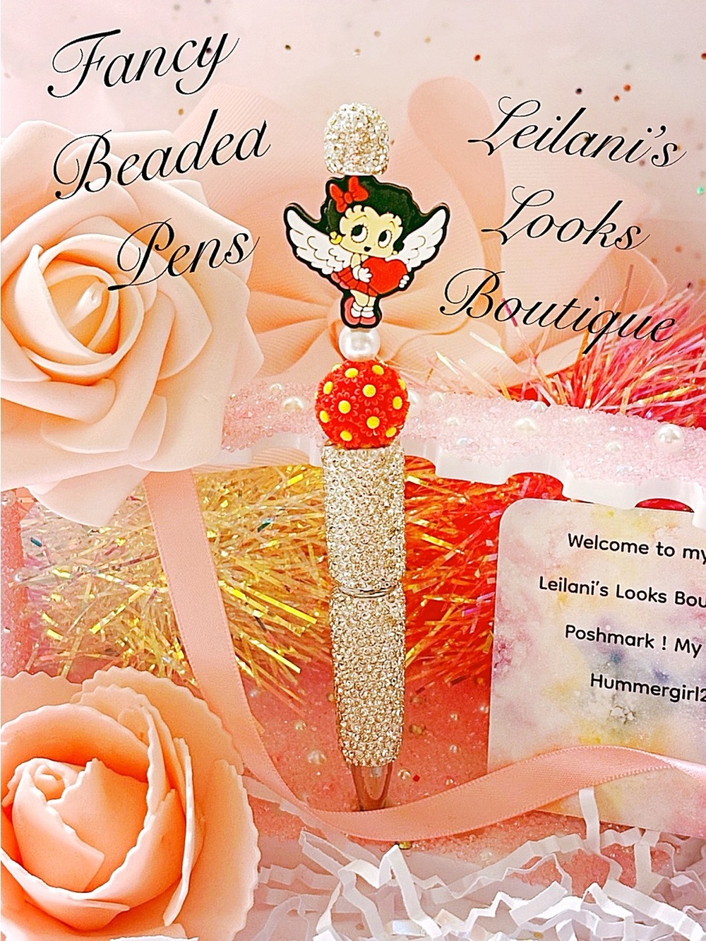 Fancy beaded pen/gifts/Betty Boop beaded pen with glittery silver body and red